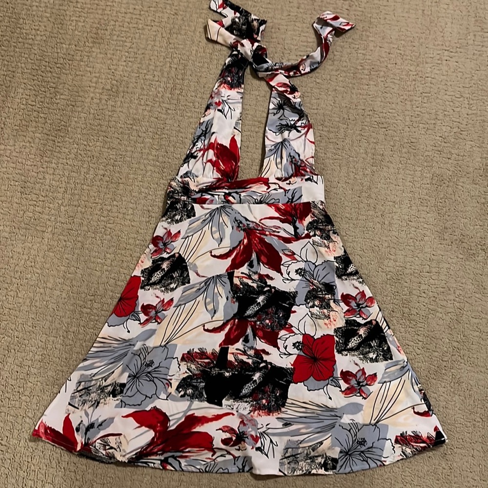 Red and gray floral skater halter dress